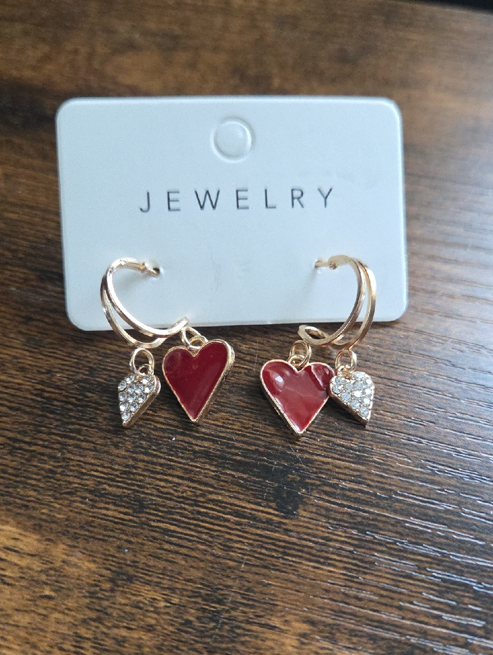 Gold-Tone Hoop Earrings with Red Heart and Crystal Charms